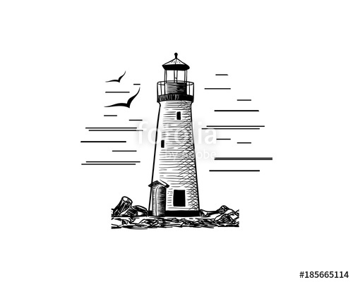 500x400 Lighthouse With Sky And Abstract Bird On The Beach Illustration - Lighthouse Drawing Simple