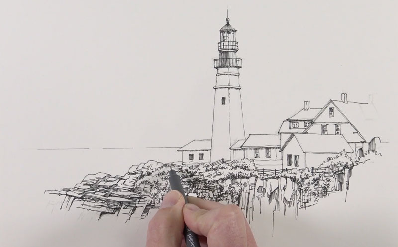 800x498 Pen And Ink With Watercolor - Lighthouse Line Drawing