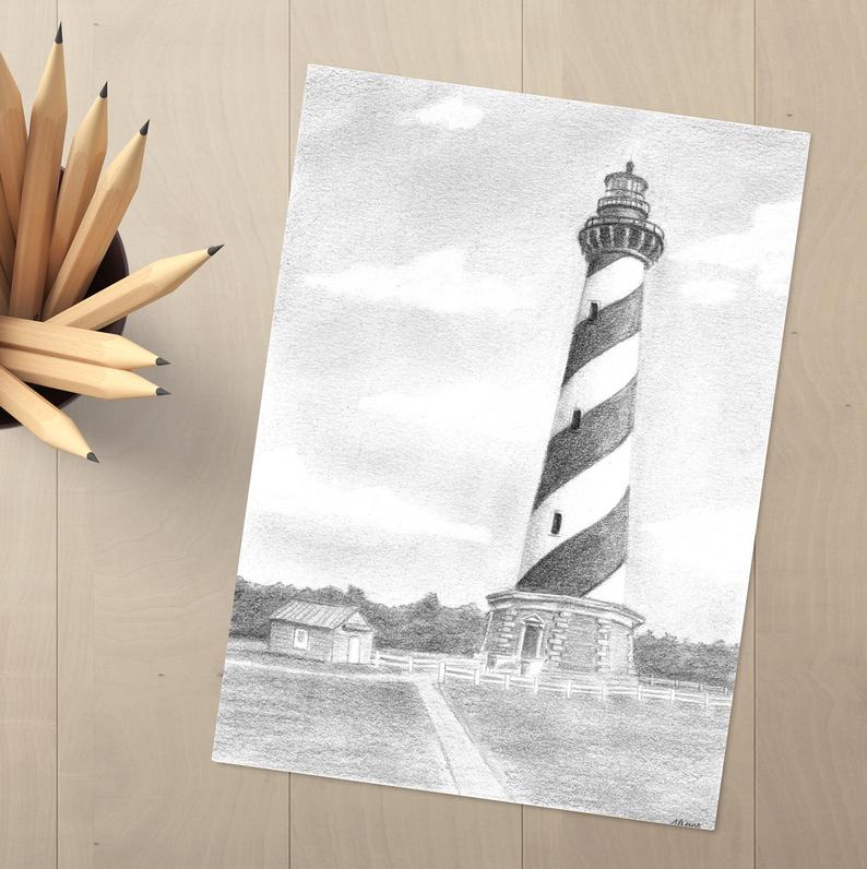 794x796 hatteras lighthouse cape hatteras pencil drawing etsy - Lighthouse Pencil Drawing