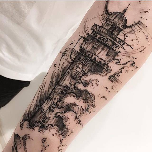 640x640 Sketch Work Lighthouse Tattoo On The Inner Forearm - Lighthouse Tattoo Drawing