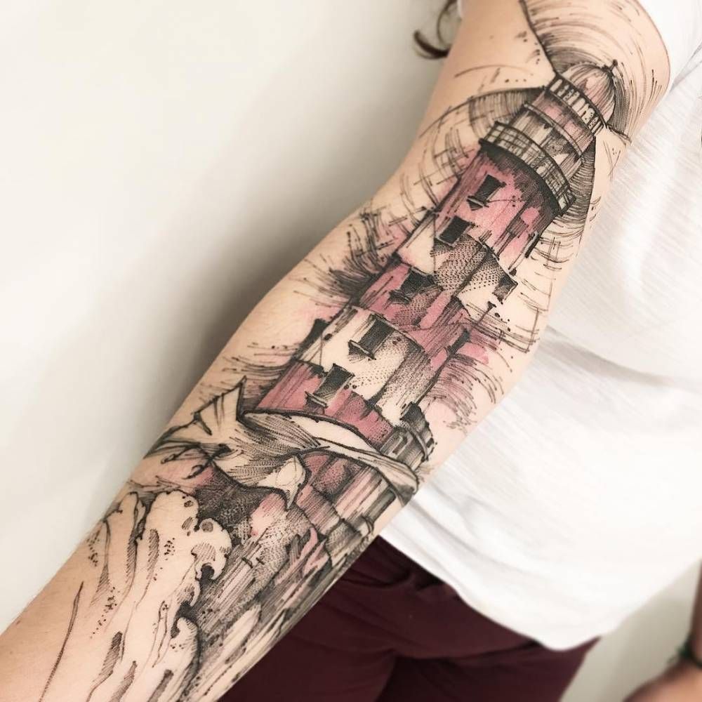 1000x1000 sketch work lighthouse tattoo on the right arm sketch tattoo - Lighthouse Tattoo Drawing