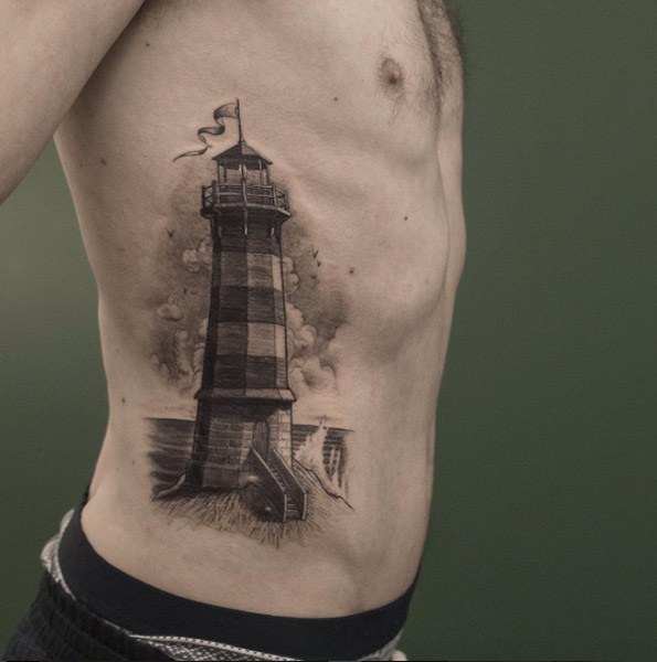 595x600 Incredible Lighthouse Tattoo Designs - Lighthouse Tattoo Drawing