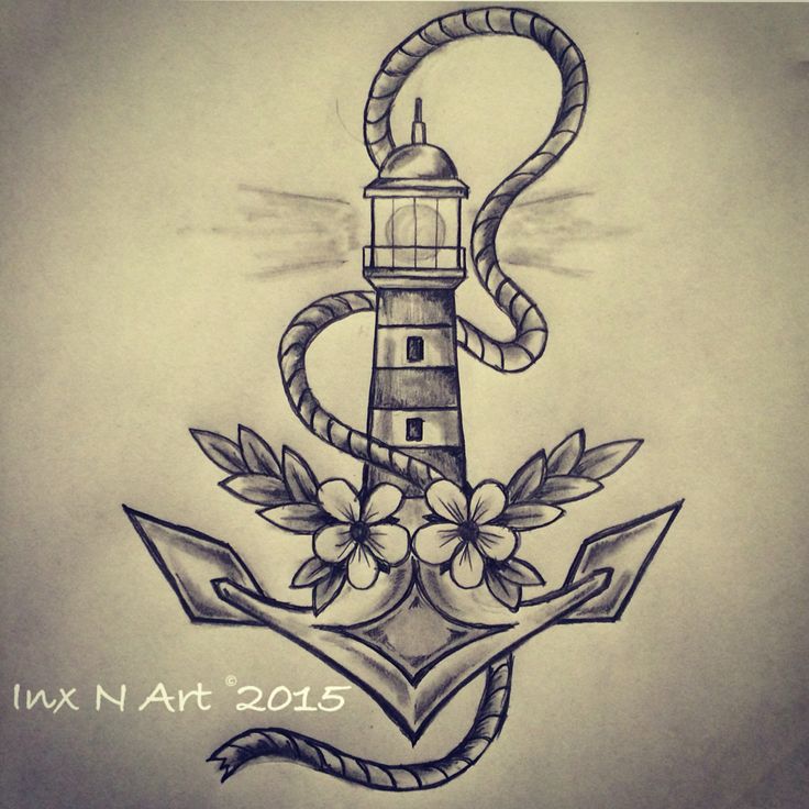 736x736 Awesome Black And Grey Lighthouse Anchor With Flowers Tattoo Design - Lighthouse Tattoo Drawing