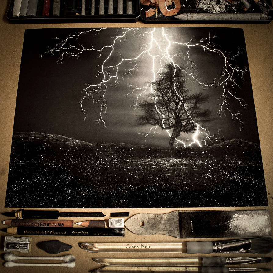 894x894 Lightning Storm Charcoal Drawing - Lightning Storm Drawing