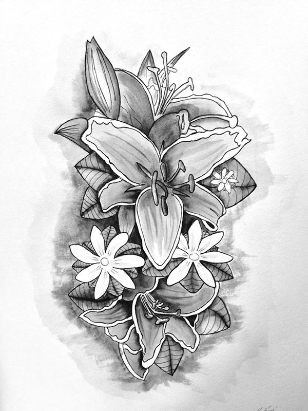 600x800 Floral Tattoo Design With Lily And Daisy - Lily Flower Tattoo Drawing