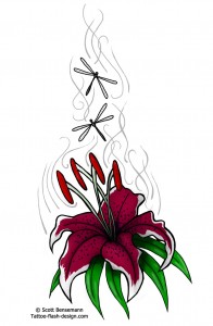 196x300 Lily Flower Dragonfly Tattoos Free Flash - Lily Flower Tattoo Drawing