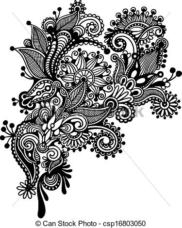 375x470 Hand Draw Black And White Line Art Ornate Flower Design Ukrainian - Line Drawing Black And White