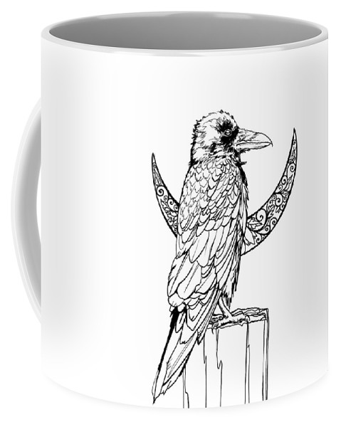 479x600 Raven Crescent Moon Line Art Coffee Mug For Sale - Line Drawing Coffee Cup