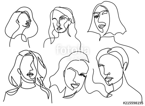 500x367 Continuous Line, Drawing Of Set Faces And Hairstyle, Fashion - Line Drawing Face