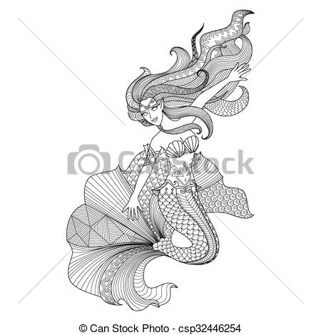 450x470 Mermaid Line Art Design For Coloring Book For Adult, Tattoo, T - Line Drawing Mermaid