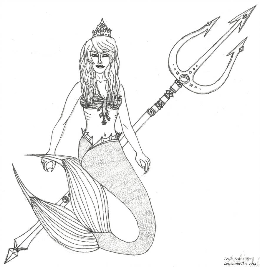 883x905 Mermaid With Trident Line Art - Line Drawing Mermaid