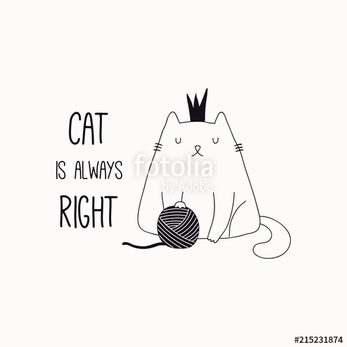 500x500 Hand Drawn Black And White Vector Illustration Of A Cute Funny Cat - Line Drawing Of A Crown