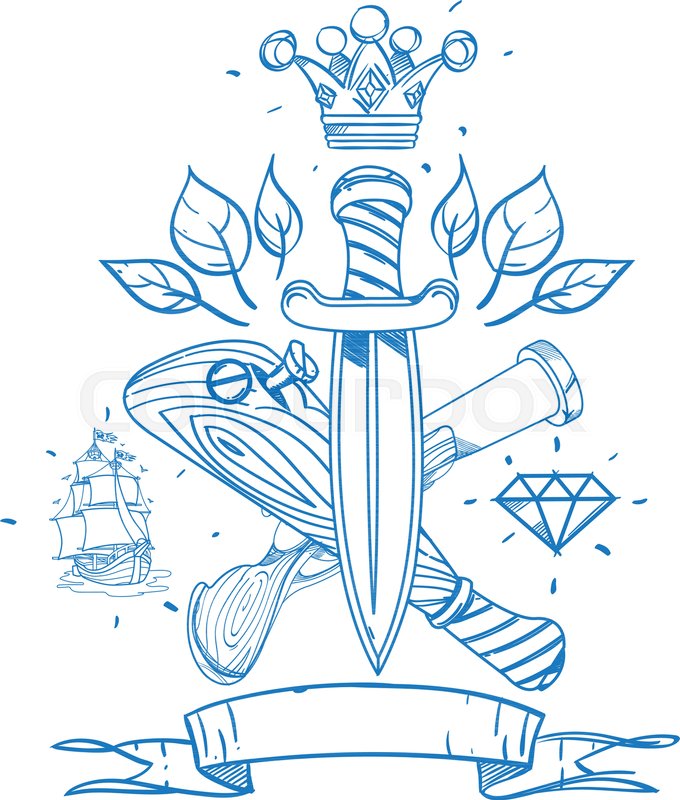 680x800 Sketch Of Tattoo With Daggers, A Crown Stock Vector Colourbox - Line Drawing Of A Crown