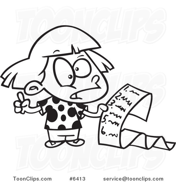 581x600 Cartoon Black And White Line Drawing Of A Girl Reading A List - Line Drawing Of A Girl