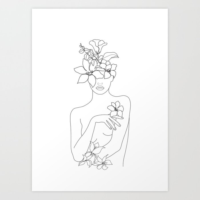 700x700 Minimal Line Art Woman With Flowers Iv Art Print - Line Drawing Of A Girl