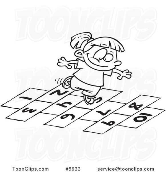 581x600 Cartoon Black And White Line Drawing Of A Girl Playing Hop Scotch - Line Drawing Of A Girl