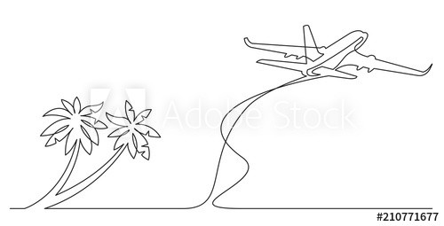 500x255 Continuous Line Drawing Of Palm Trees On Beach And Airplane - Line Drawing Of A Palm Tree