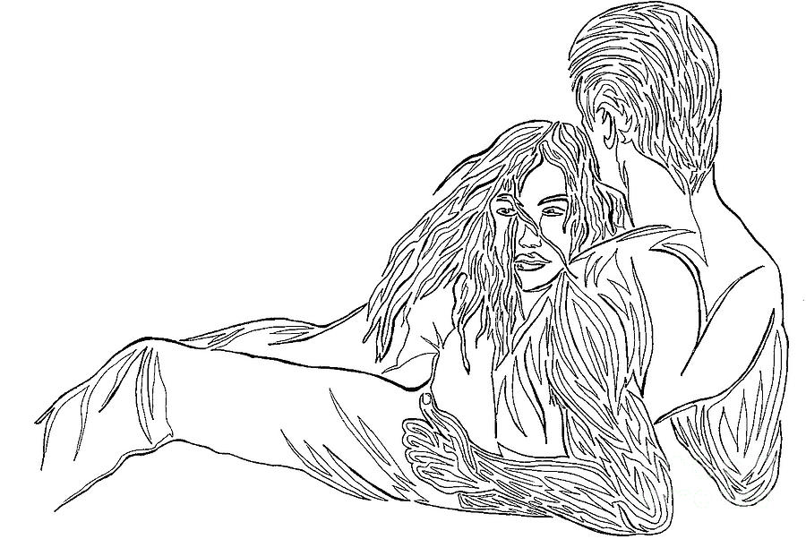 900x602 One Line Drawing Lovers On The Beach Mixed Media - Line Drawing Pictures
