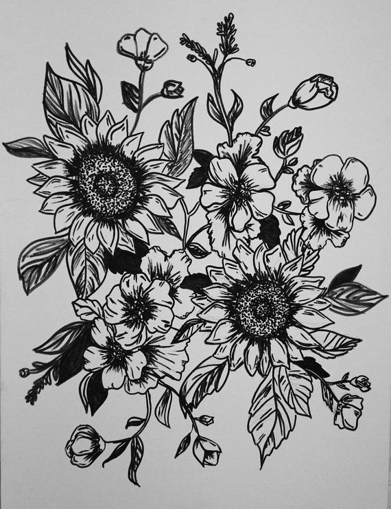570x741 Sunflower Line Drawing Etsy - Line Drawing Sunflower