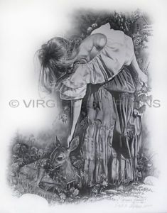 235x300 Deer Art, Wildlife Drawing Print Of Deer And Woman, Pencil Print - Lion Art Drawing