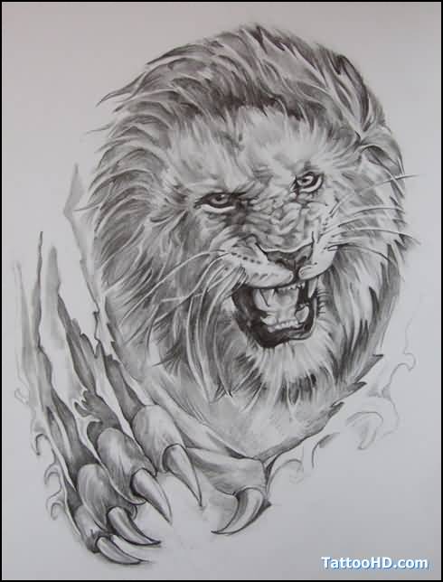 490x644 Angry Lion And Claw Tattoo On Paper - Lion Claw Drawing