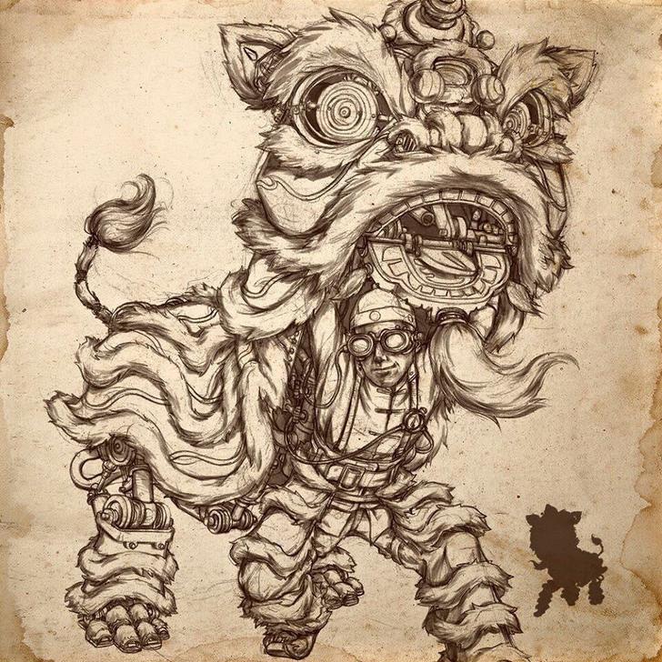 728x728 Lion Dance With Steampunk - Lion Dance Drawing