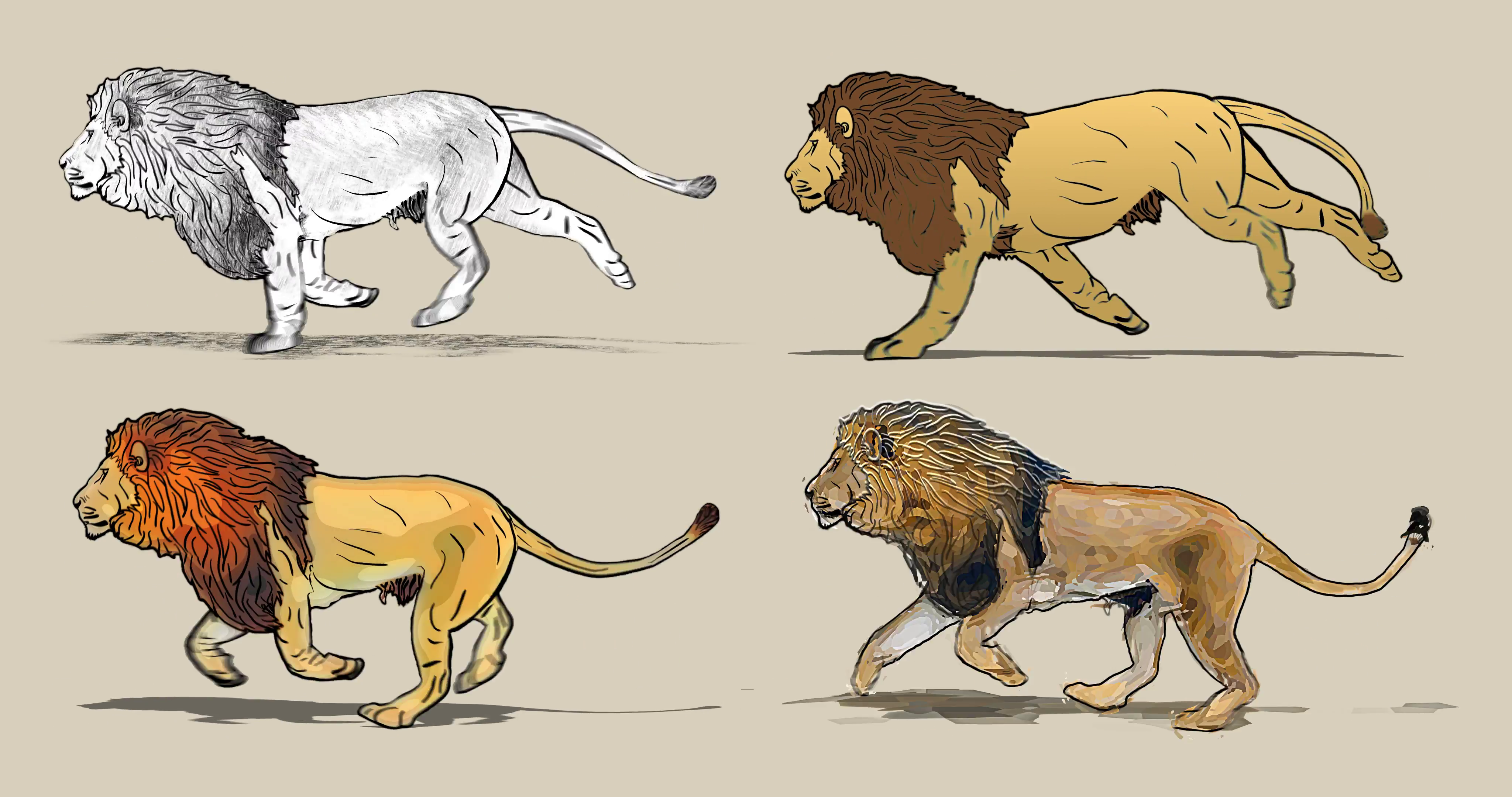 4096x2160 Cartoon Lion Running Four Different Drawing Style Pencil - Lion Drawing Images