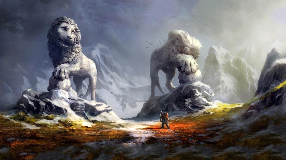 970x545 Statue Lion Drawing Hd Wallpaper Creative And Fantasy - Lion Drawing Wallpaper