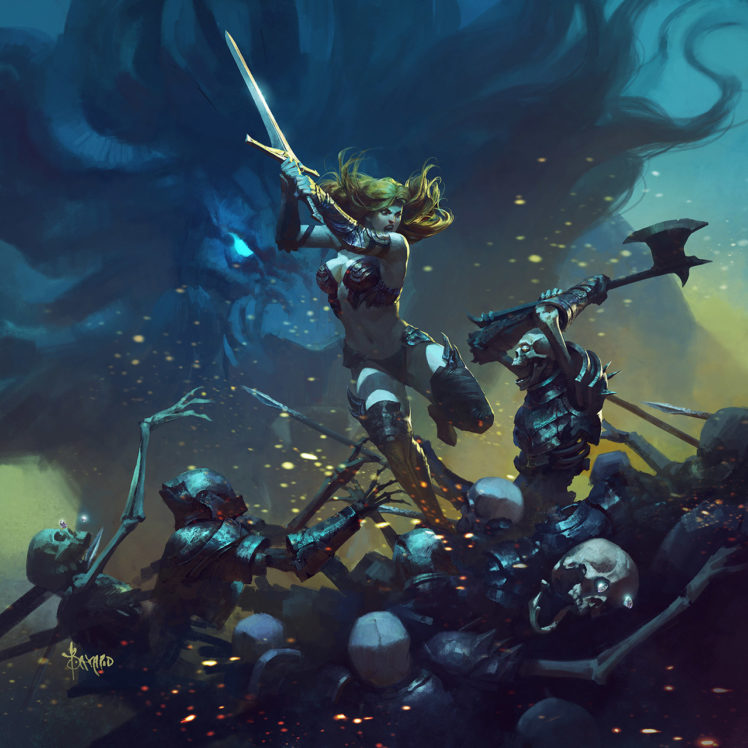 748x748 Women, Blonde, Warrior, Bayard Wu, War, Lion, Sword, Axe, Skeleton - Lion Drawing Wallpaper