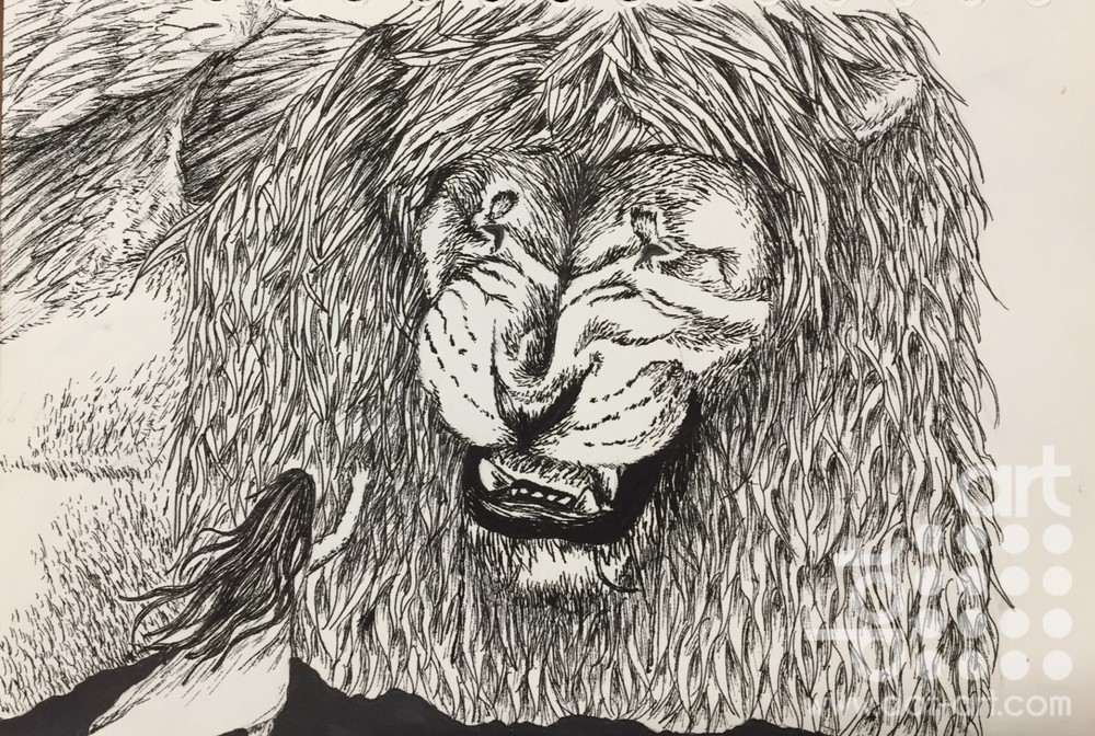 1000x672 Lion With Girl Dot Art - Lion Girl Drawing