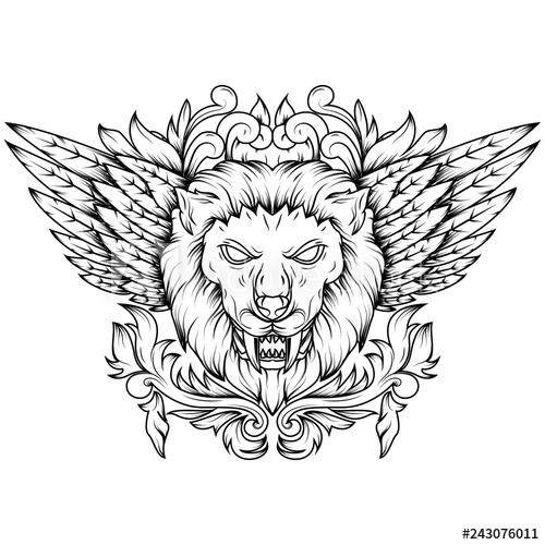 500x500 Line Art Illustration Of A Golden Winged Mythical Lion Head - Lion Head Line Drawing