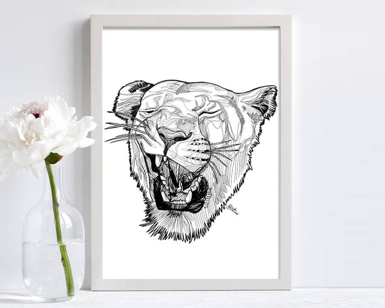 794x635 Lioness Head Line Drawing Black And White Abstract Lion Etsy - Lion Head Line Drawing