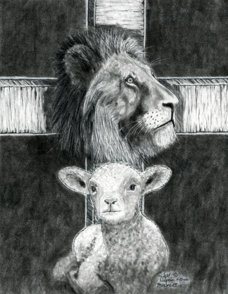 455x588 Lion, Lamb And Cross Drawing - Lion Lamb Drawing
