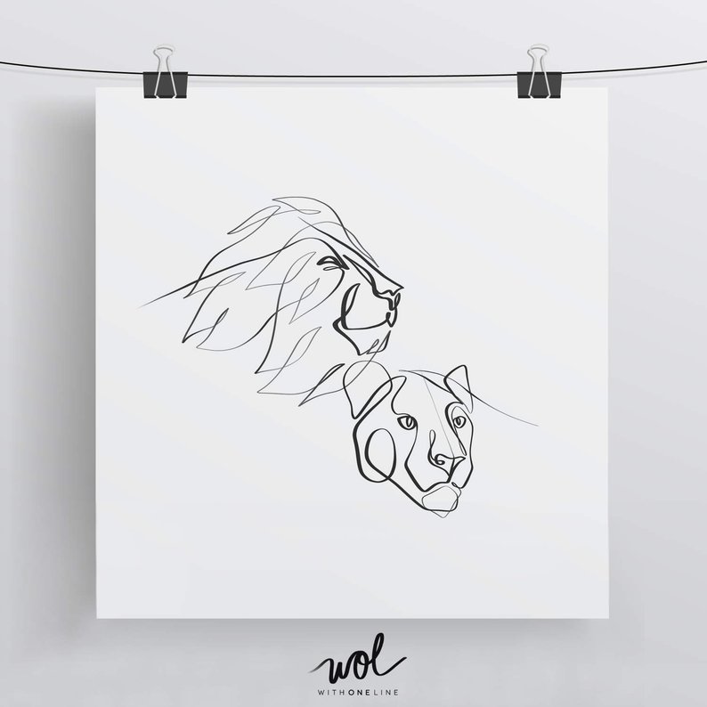 794x794 Lion And Lioness Art Print One Line Drawing King And Queen Etsy - Lion Line Drawing