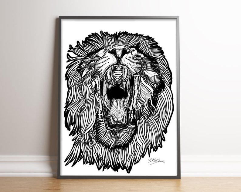794x635 Roaring Lion Line Drawing Print Lion Print Black And White Etsy - Lion Line Drawing