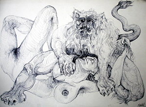 300x220 Lion Man With A Woman Painting - Lion Man Drawing