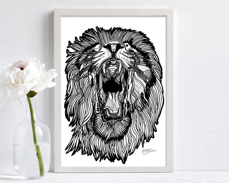 794x635 Abstract Lion Drawing Lion Print Angry Lion Line Drawing Etsy - Lion Mouth Open Drawing