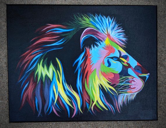 570x442 Rainbow Lion Painting Face Profile Head Colorful Lion Etsy - Lion Profile Drawing