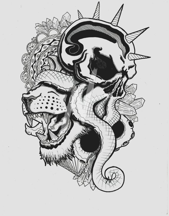 570x728 The Sea Is Rising Lion Skull And Octopus Tattoo Ink Etsy - Lion Skull Drawing