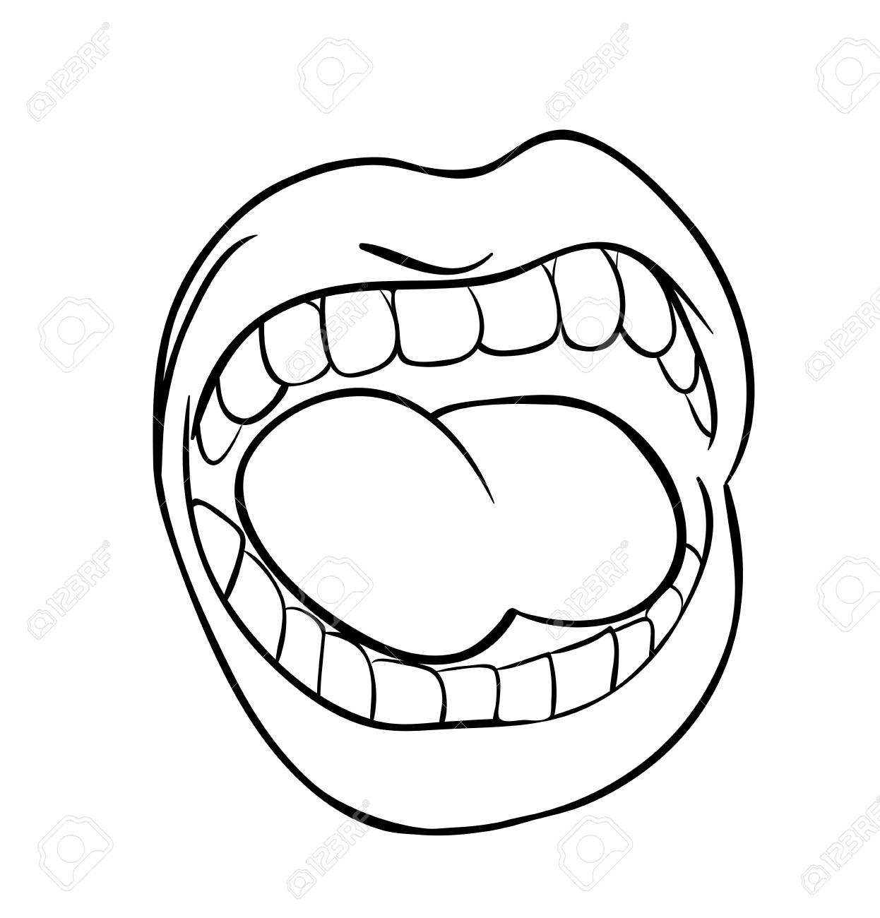 1246x1300 Shouting Lips With Teeth And Tongue Cartoon Outline - Lips Outline Drawing