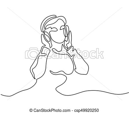 450x395 Woman Listening To Music On Headphones Continuous Line Drawing - Listening Drawing