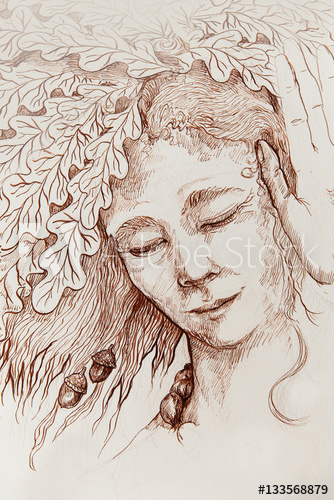 334x500 wise woman with oak leaves listening to secret voice - Listening Drawing