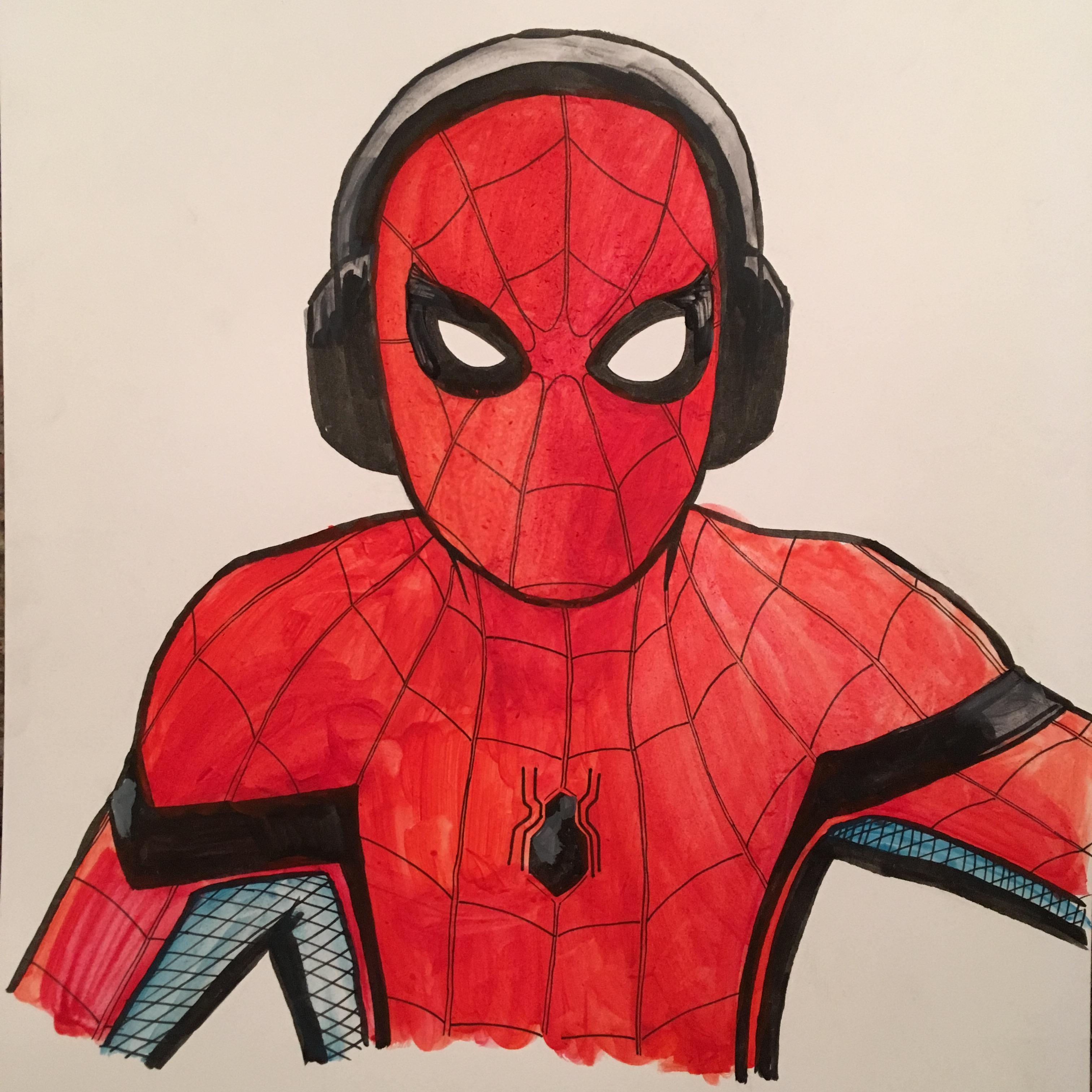 3024x3024 Spider Man Listening To Music Drawing - Listening To Music Drawing