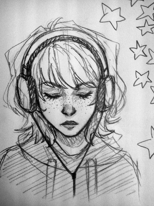 500x667 Girl Listening To Music On Headphones Drawing Of People Art - Listening To Music Drawing