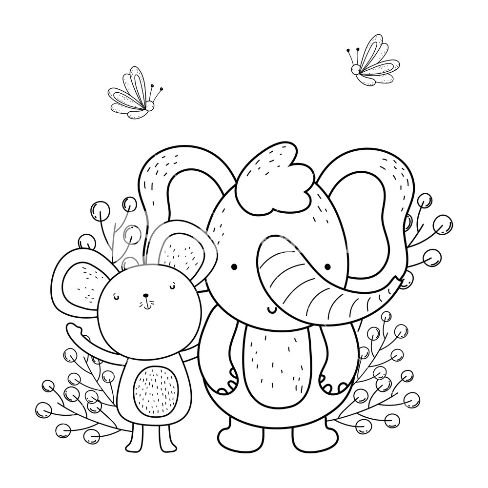 1000x1000 Cute And Little Elephant With Mouse Vector Illustration Design - Little Elephant Drawing