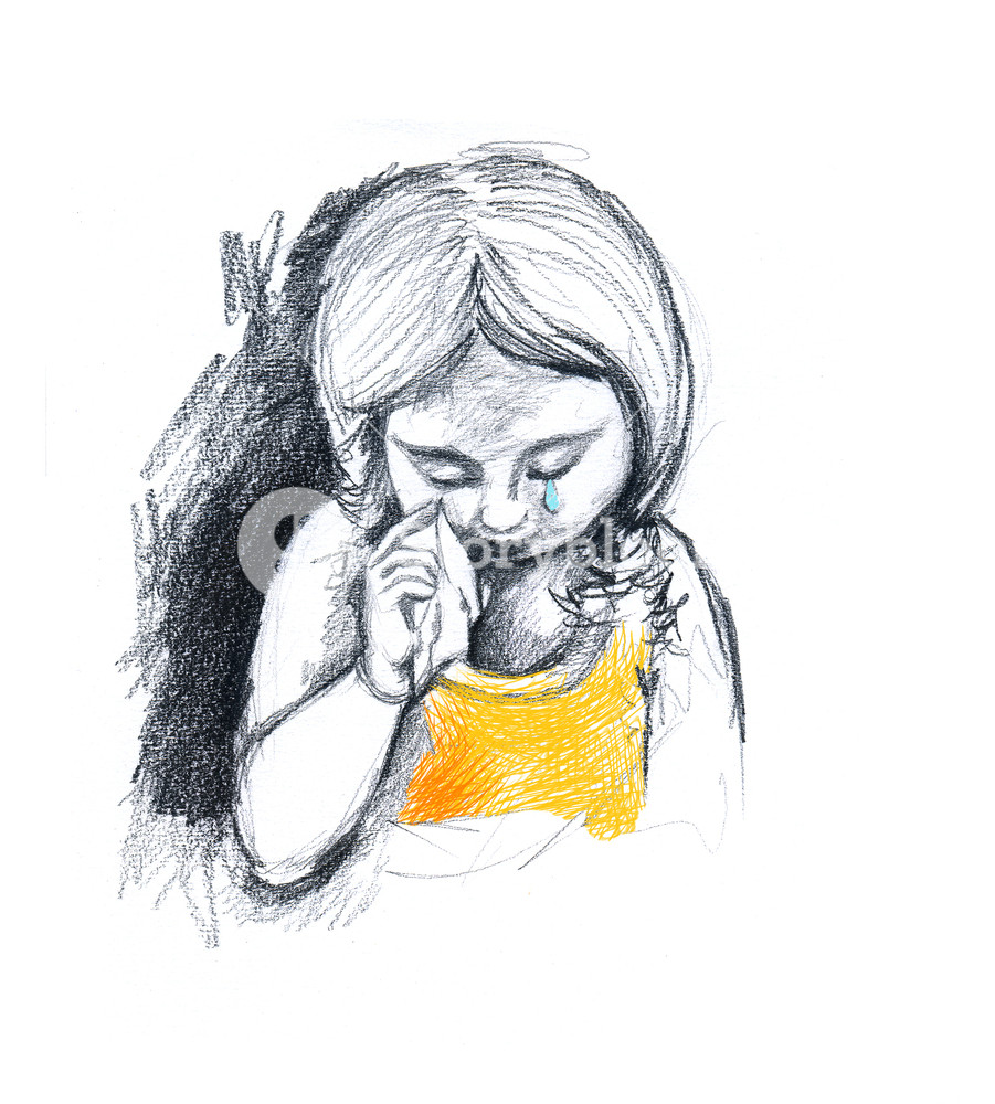 901x1000 A Little Girl Crying Pencil On Paper Illustration With Digital - Little Girl Crying Drawing