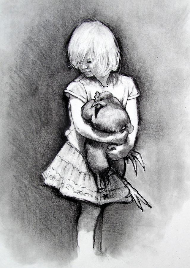 640x900 Little Girl With Pet Chicken Drawing - Little Girl Drawing