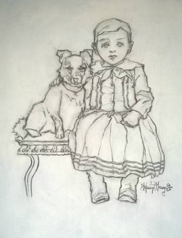 375x490 Little Girl With Dog Drawing - Little Girl Drawing