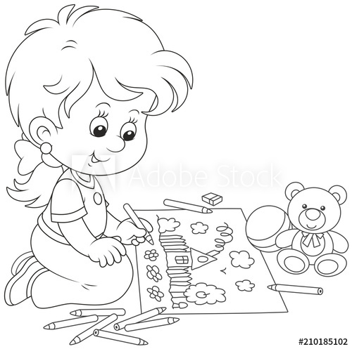 500x497 Little Girl Drawing A Funny Picture With Pencils, Black And White - Little Girl Drawing Cartoon