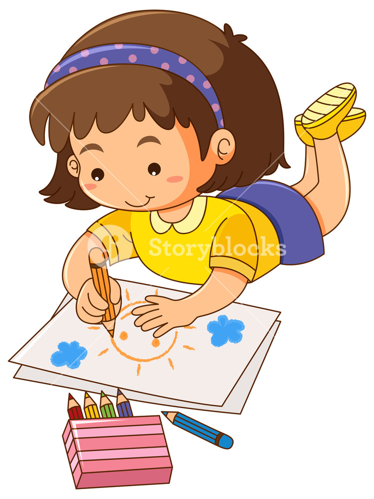 749x1000 Little Girl Drawing Sun On Paper Royalty Free Stock Image - Little Girl Drawing Cartoon